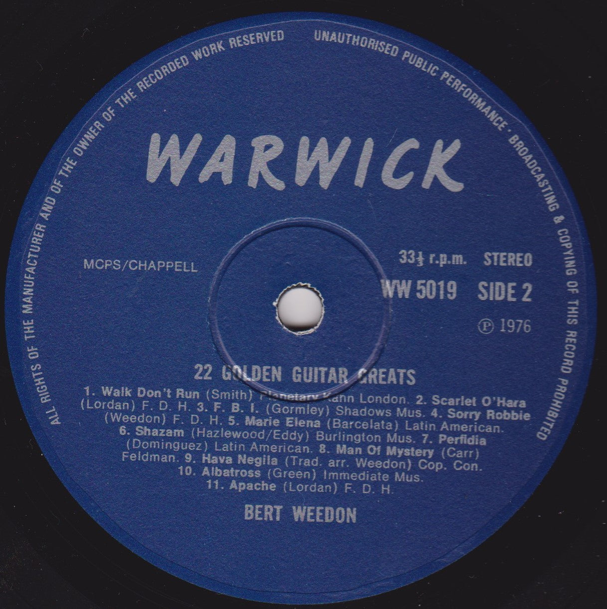 Bert Weedon – Bert Weedon's 22 Golden Guitar Greats (Warwick 1976) 12" vinyl LP VG/VG