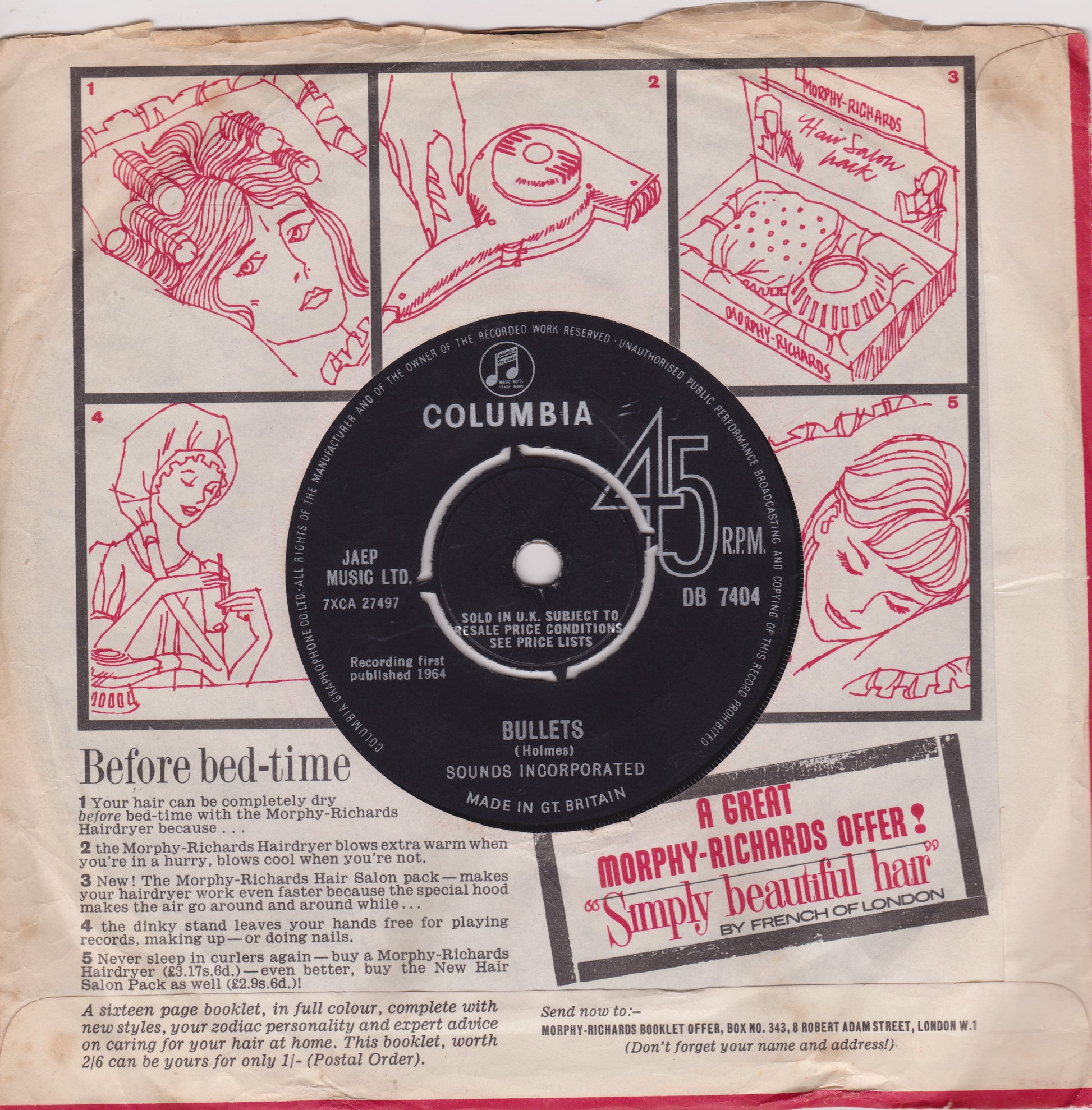 Record sleeve with Columbia 45 RPM label and illustrations on a beige background