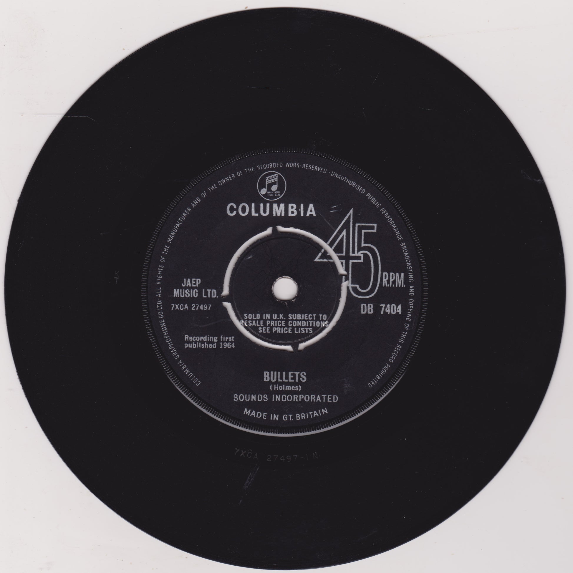 Black and white 45 RPM record label with Columbia branding