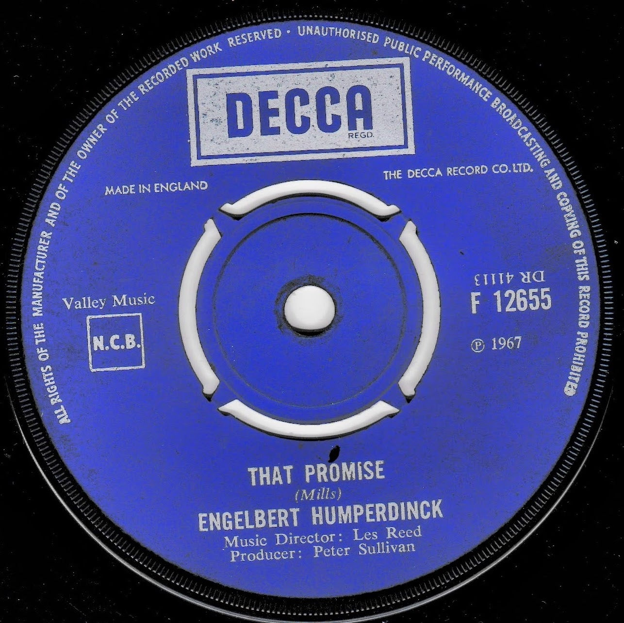 A blue and white Decca Records vinyl record label for Engelbert Humperdinck's 'That Promise', featuring the Decca logo