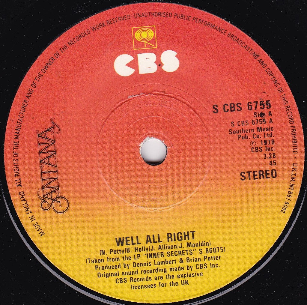 Santana – Well All Right (CBS, 1978) 7" vinyl single VG/-