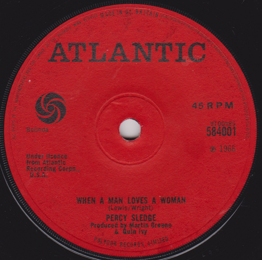 Red vinyl record label with 'Atlantic' branding and song details.