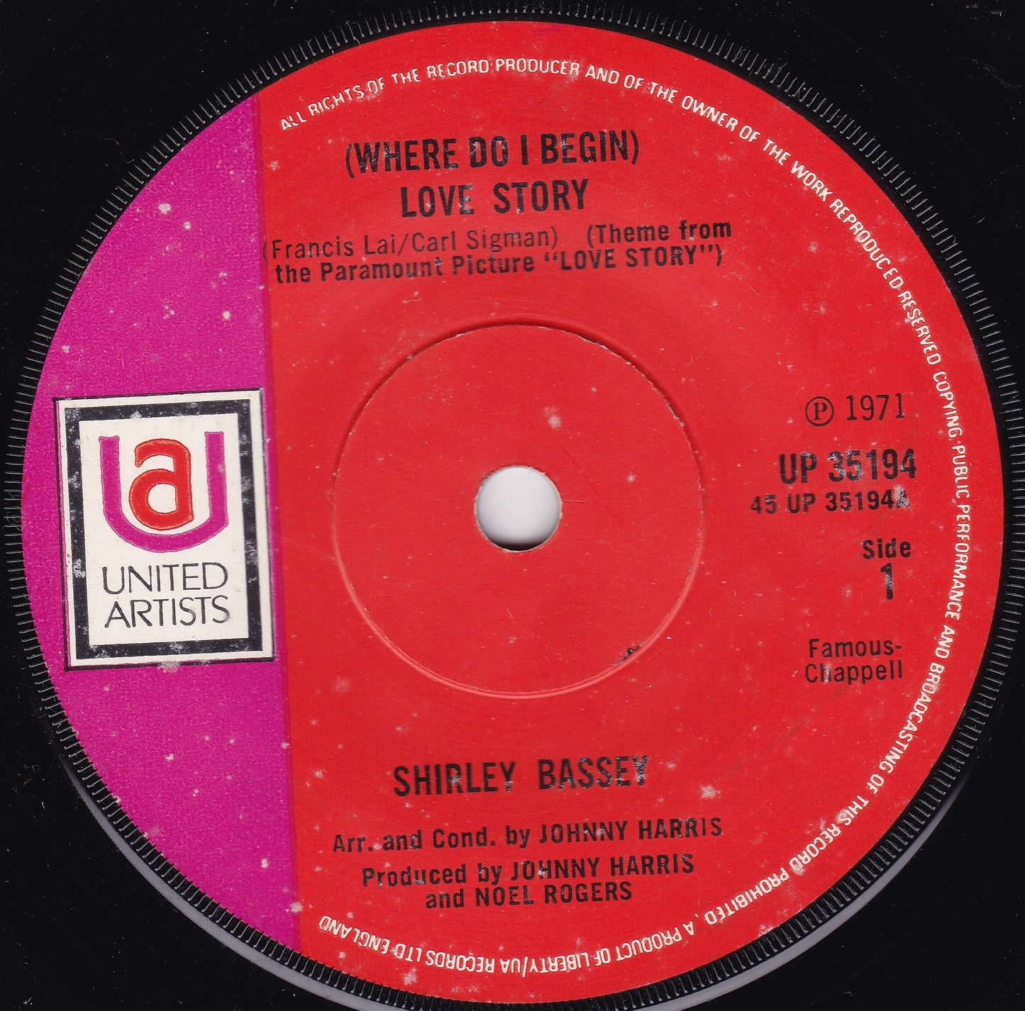 Shirley Bassey - (Where Do I Begin) Love Story (UA 1971) 7" vinyl single VG/-