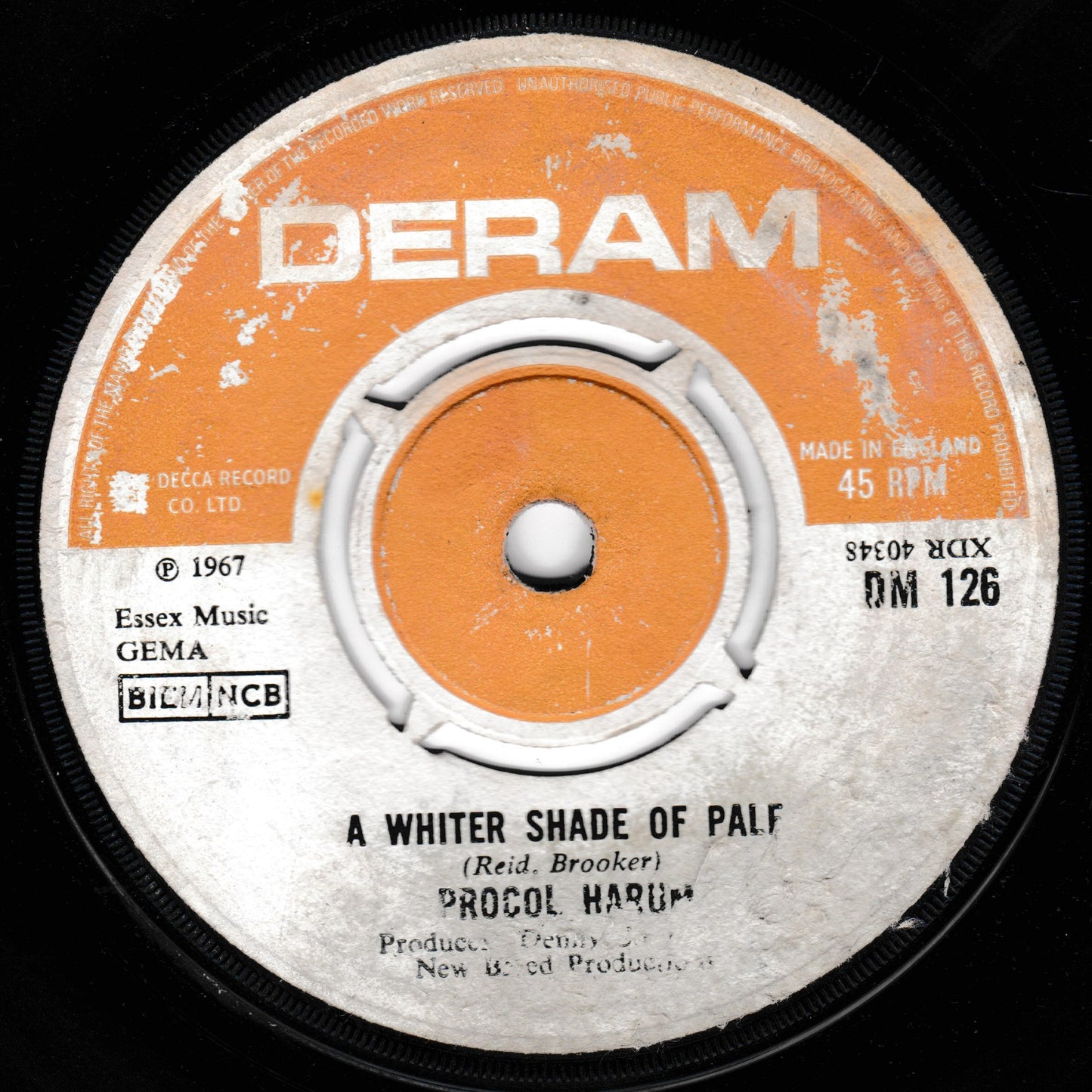 Vintage Procol Harum 'A Whiter Shade of Pale' record label with DERAM branding.
