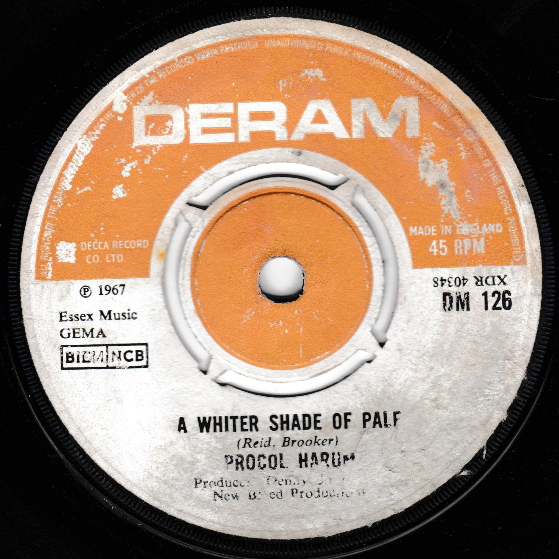 Vintage Procol Harum 'A Whiter Shade of Pale' record label with DERAM branding.