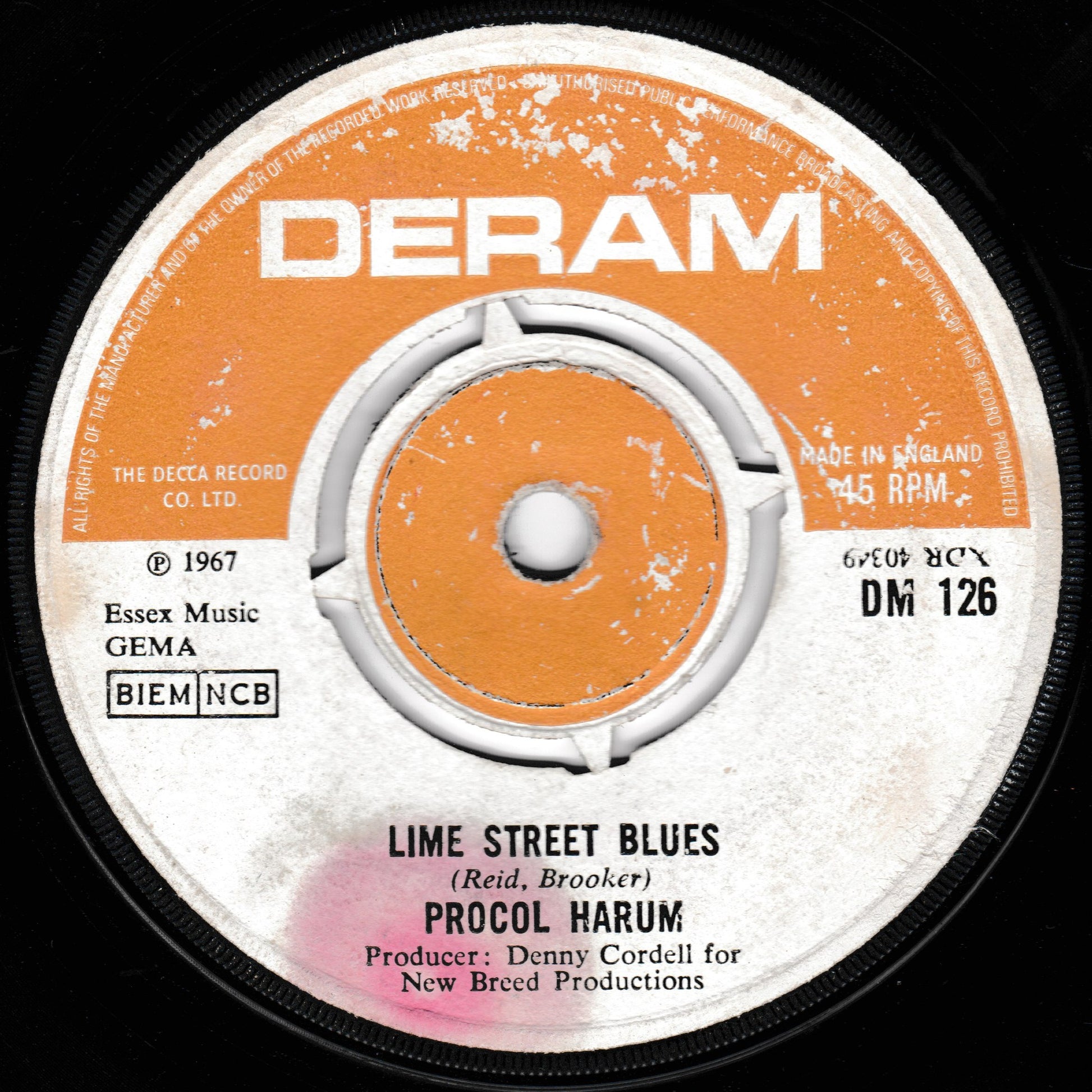 Record label for Procol Harum's 'Lime Street Blues' on Deram Records