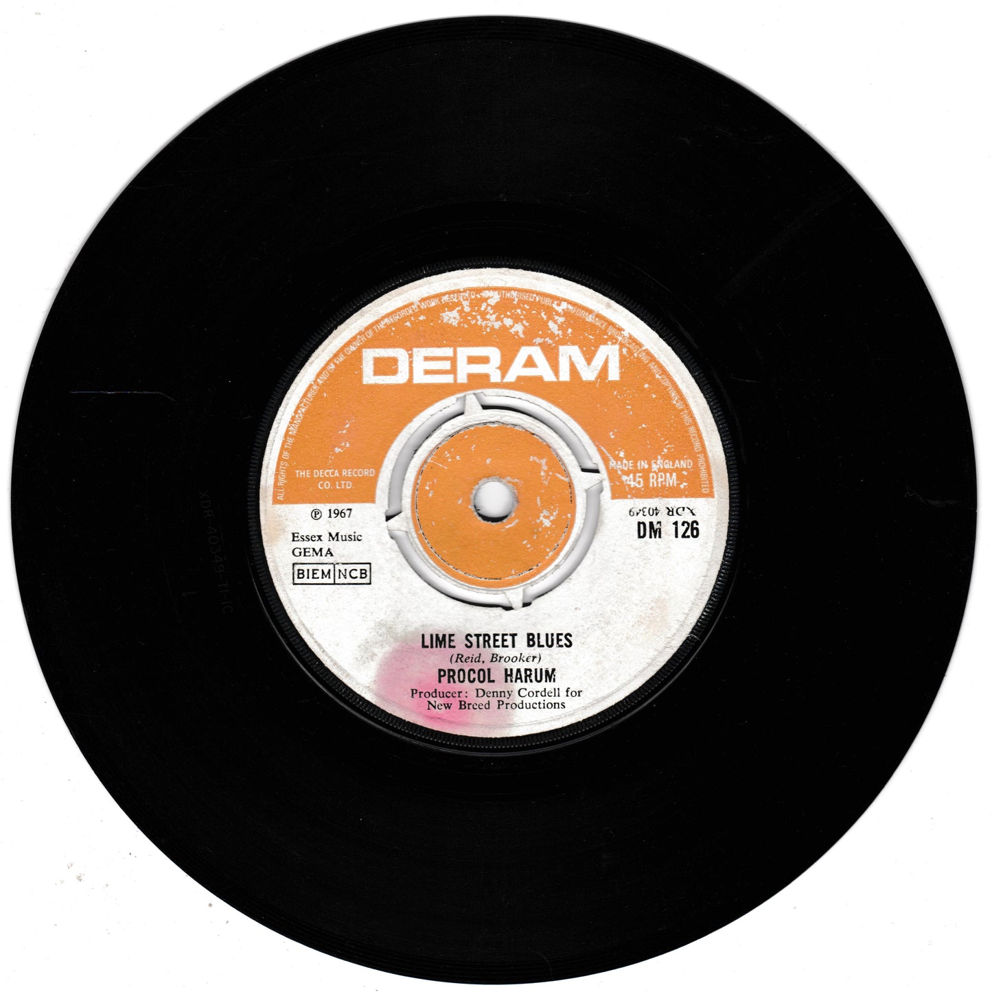 Vinyl record with a Deram label on a white background