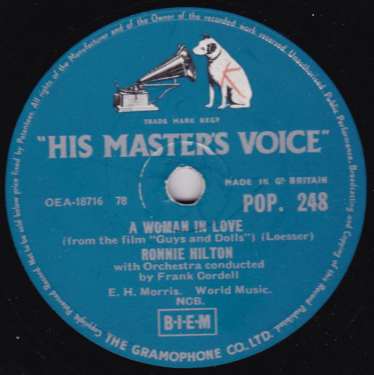 Ronnie Hilton – A Woman In Love / I Just Found Out (HMV 1956) 10" shellac VG/-