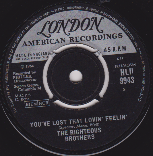 Record label of a London American Recordings 45 RPM record by The Righteous Brothers.