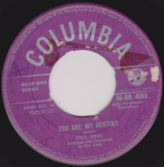 Paul Anka ‎– You Are My Destiny (Columbia 1958) 7" vinyl single VG/- jukebox