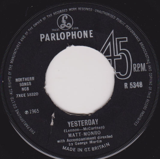 Matt Monro – Yesterday (Parlophone 1965) 7" vinyl single VG/- jukebox