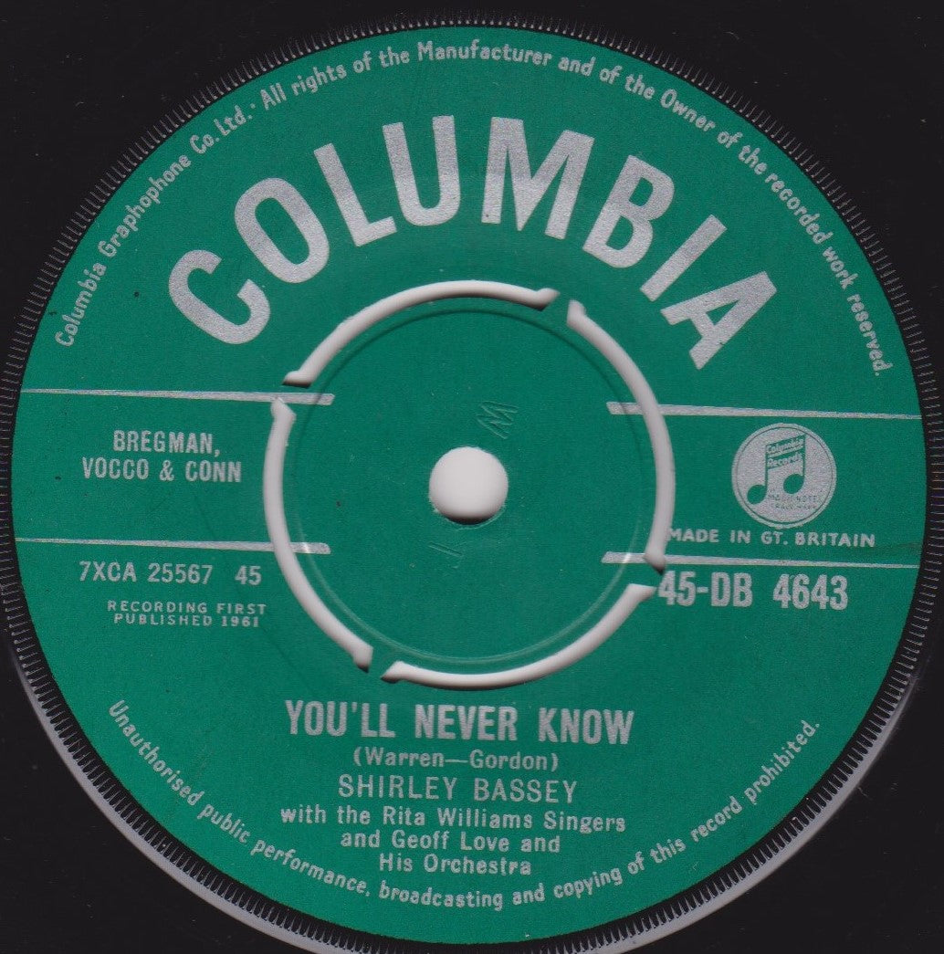 Shirley Bassey - You'll Never Know (Columbia 1961) 7" vinyl single VG/-