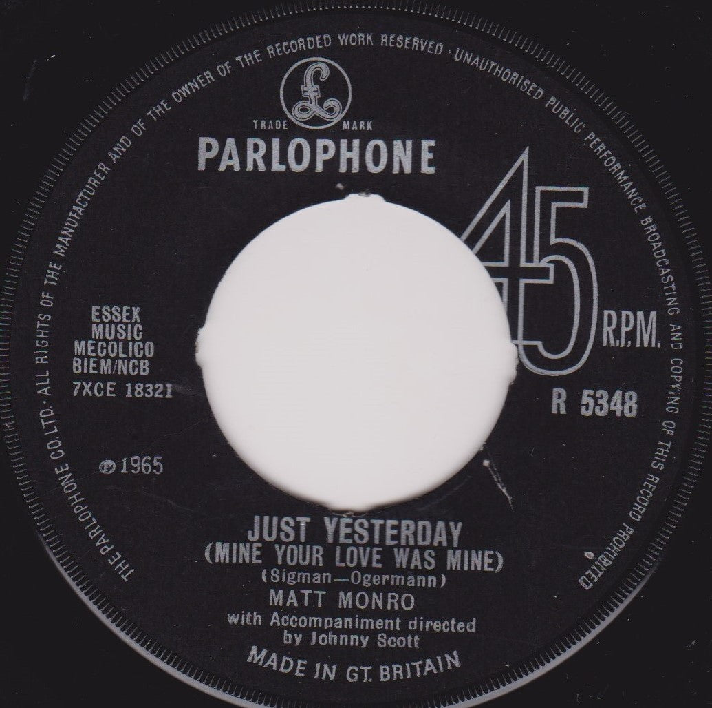 Matt Monro – Yesterday (Parlophone 1965) 7" vinyl single VG/- jukebox