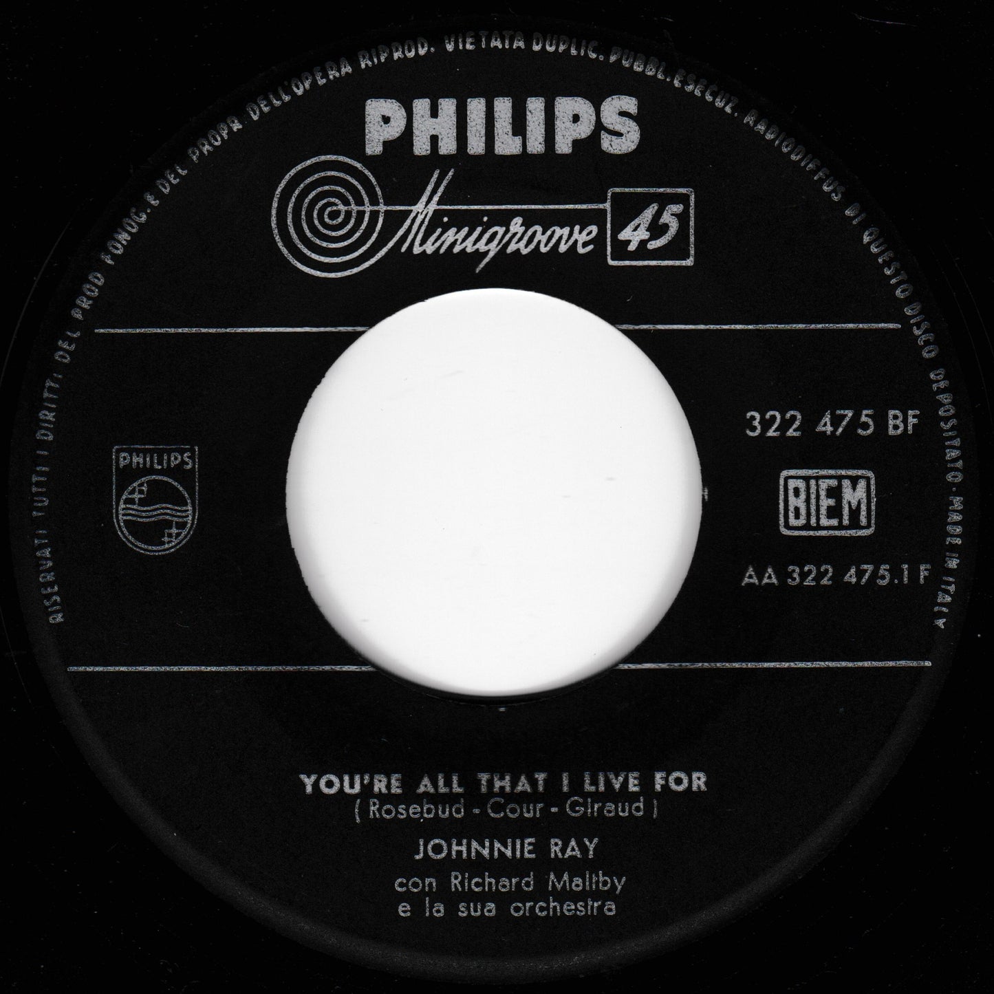 Johnnie Ray ‎– You're All That I Live For (Philips 1959) 7" vinyl single VG/- Italy jukebox