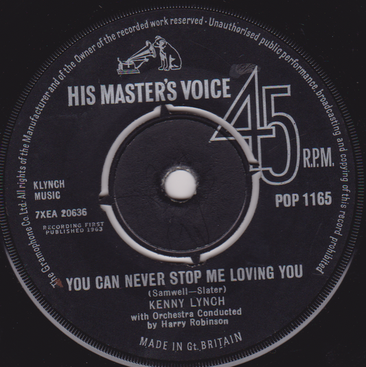 Record label from a vinyl record with 'His Master's Voice' branding and song details.