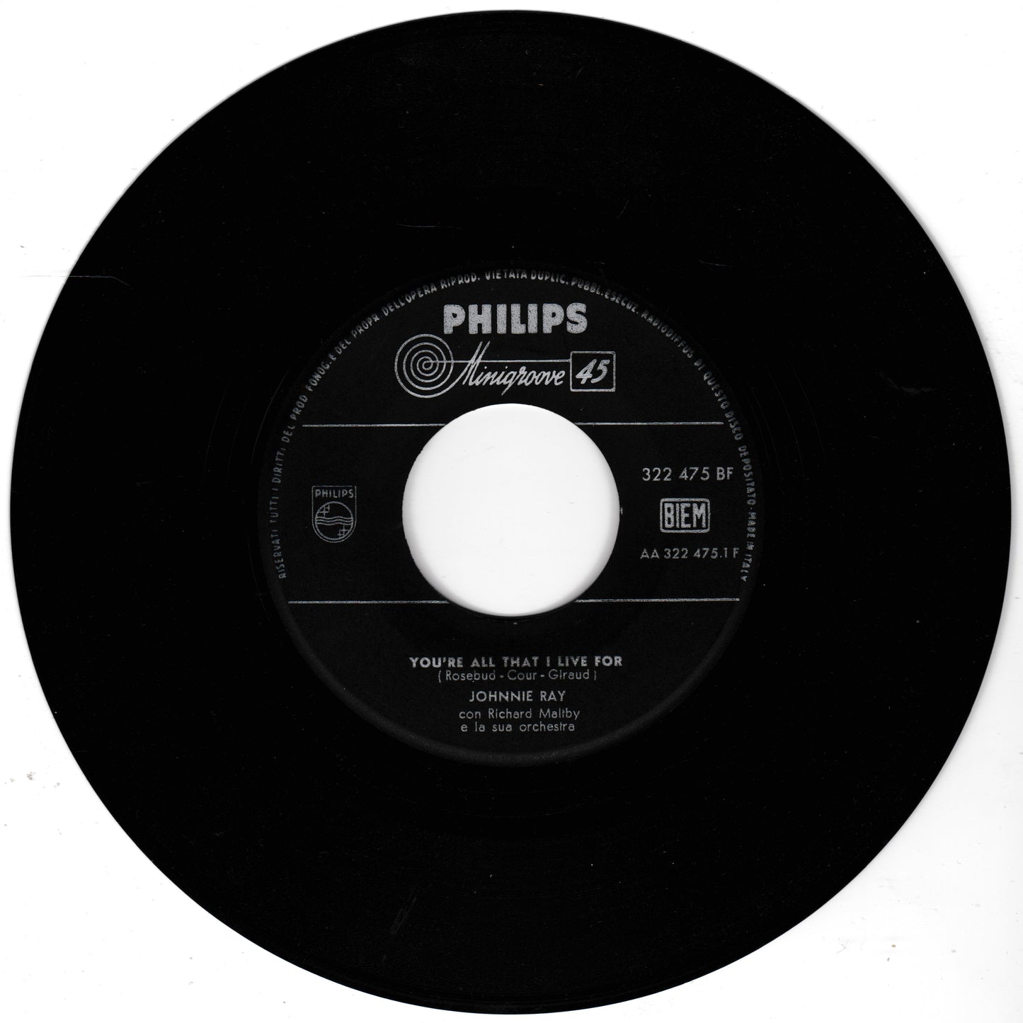 Johnnie Ray ‎– You're All That I Live For (Philips 1959) 7" vinyl single VG/- Italy jukebox
