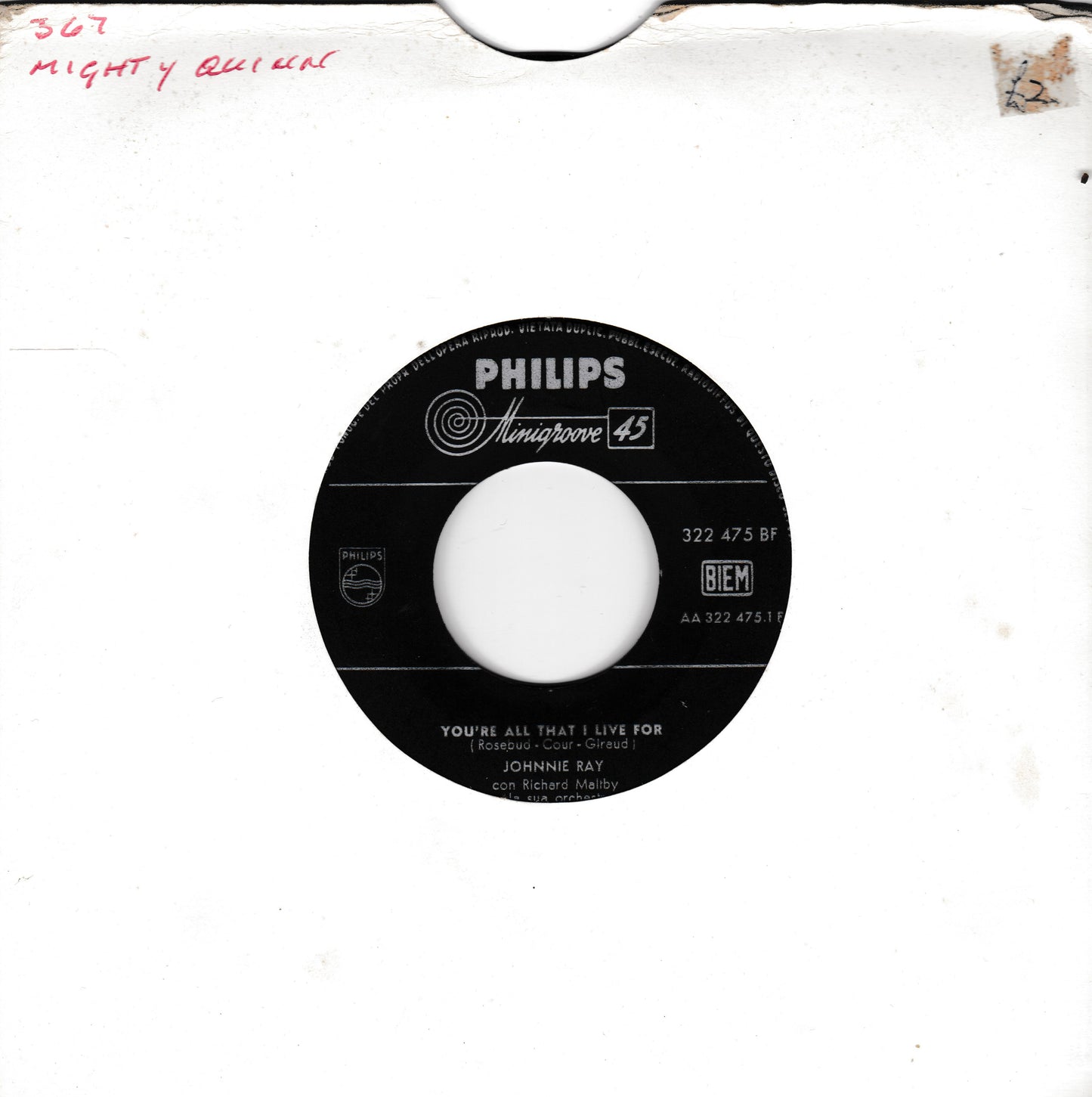 Johnnie Ray ‎– You're All That I Live For (Philips 1959) 7" vinyl single VG/- Italy jukebox