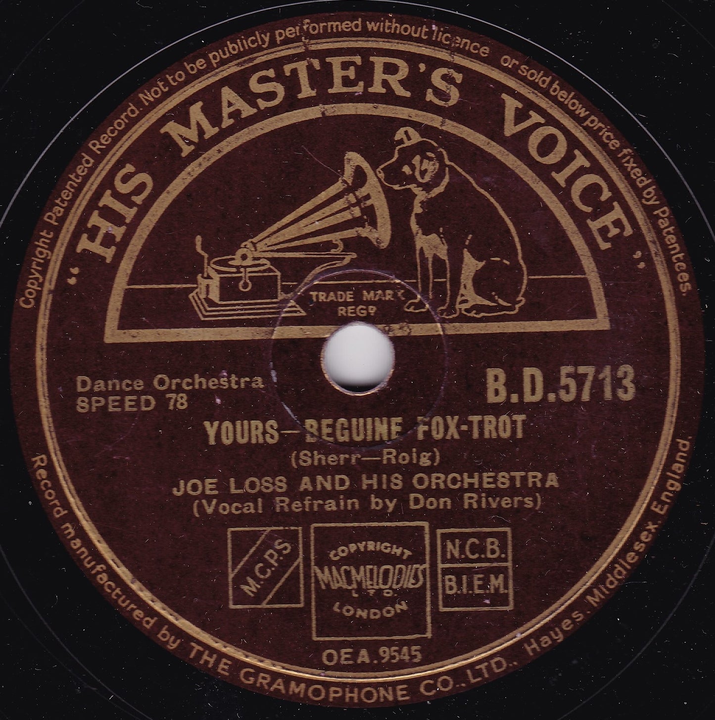 Joe Loss & His Orchestra ‎– Yours / My Sister And I (HMV 1941) 10" shellac VG/-