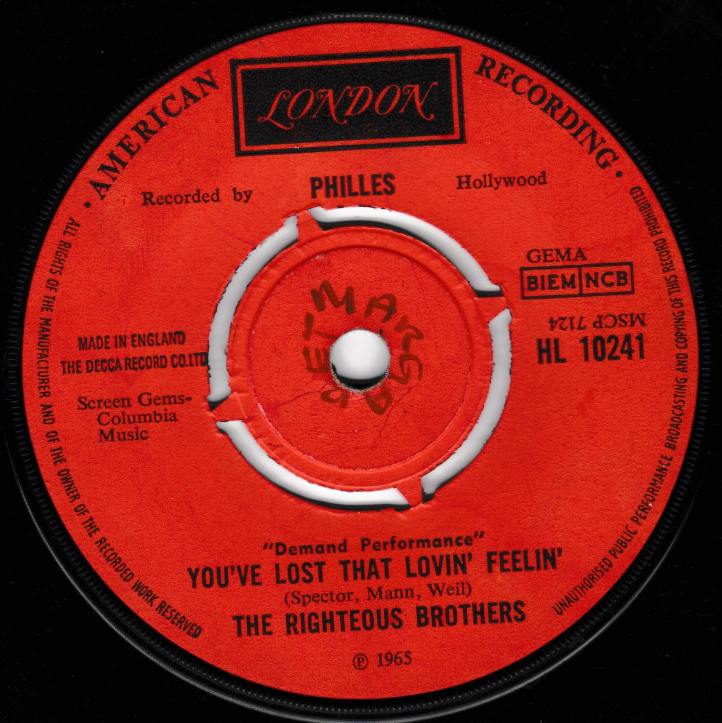 Record label from The Righteous Brothers' 'You've Lost That Lovin' Feelin'' on a red background