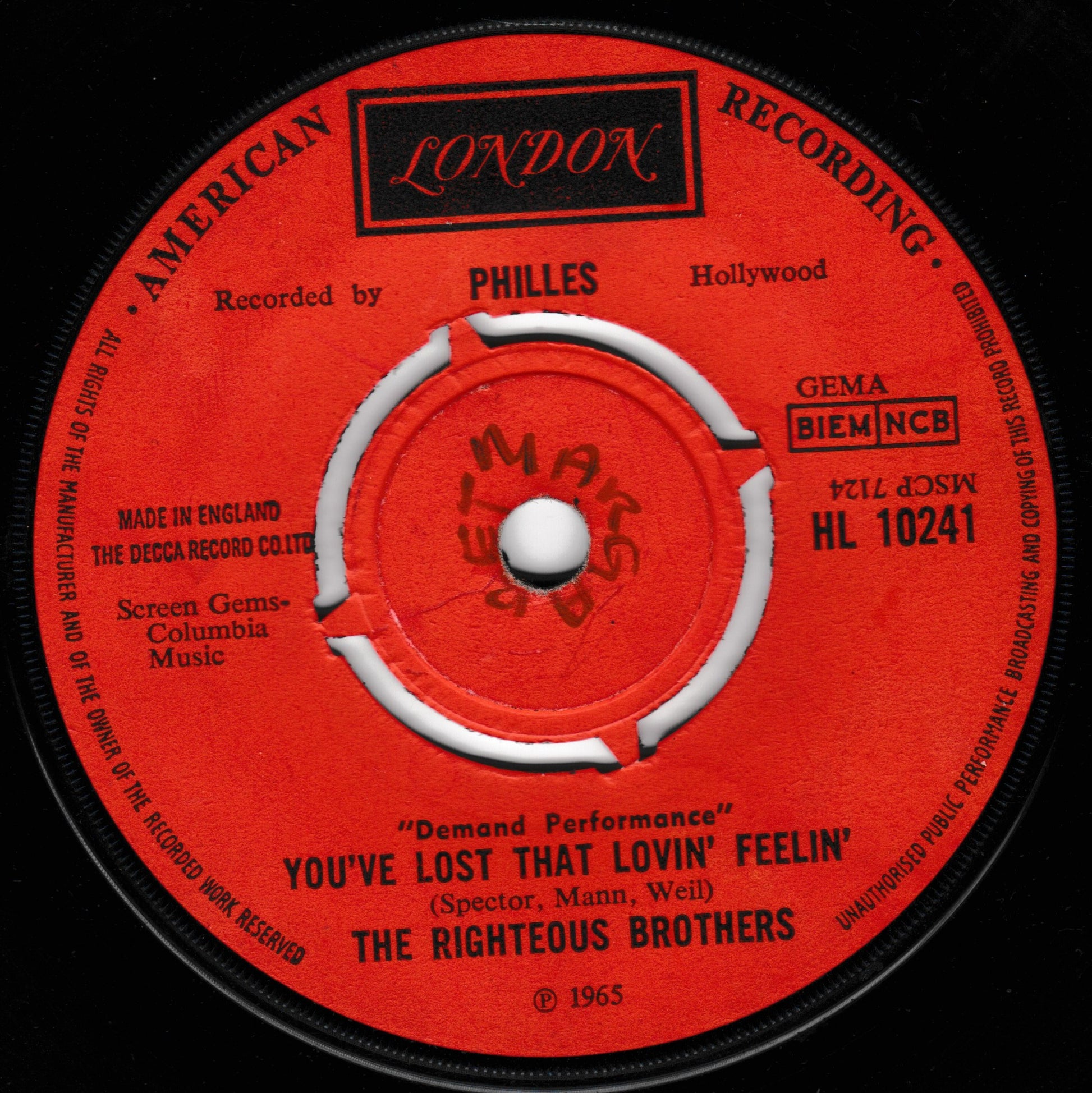 Record label from The Righteous Brothers' 'You've Lost That Lovin' Feelin'' on a red background