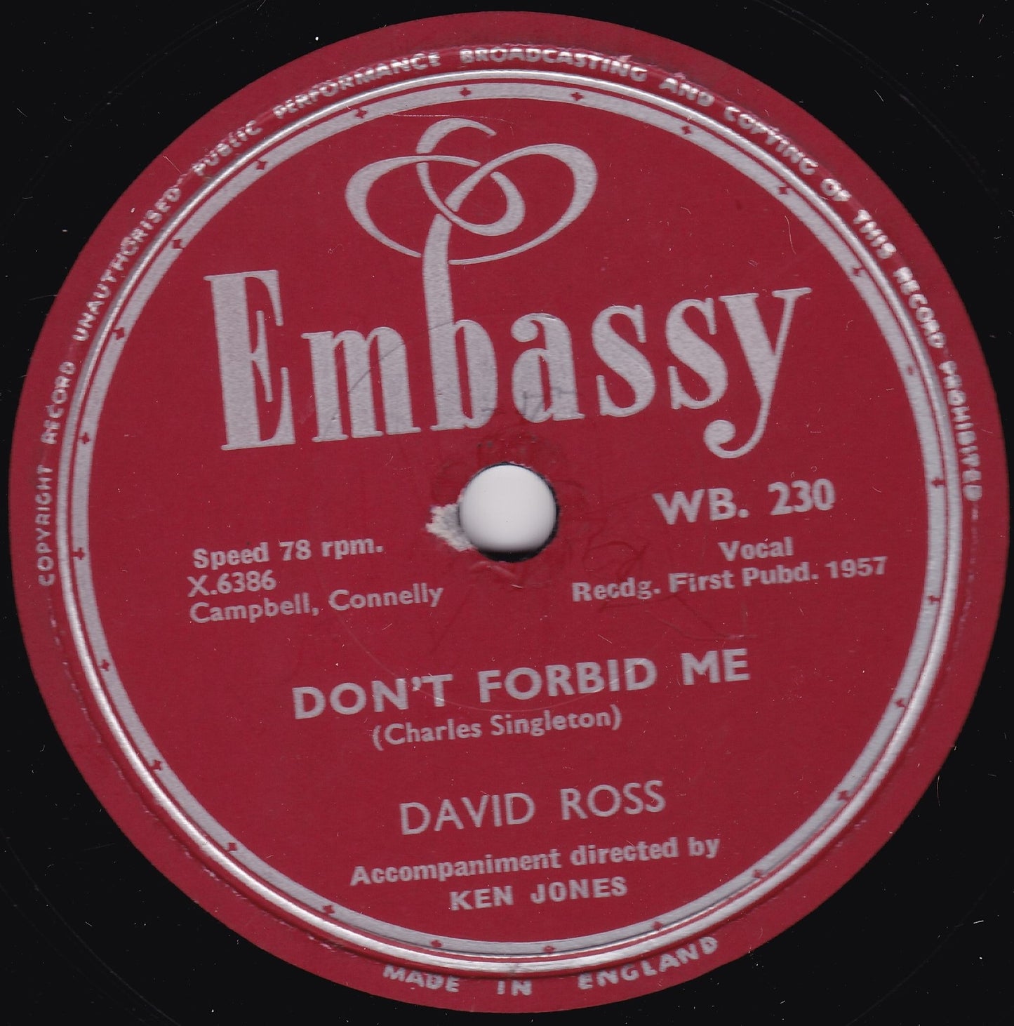 David Ross ‎– Young Love / Don't Forbid Me (Embassy) 10" shellac G+/-