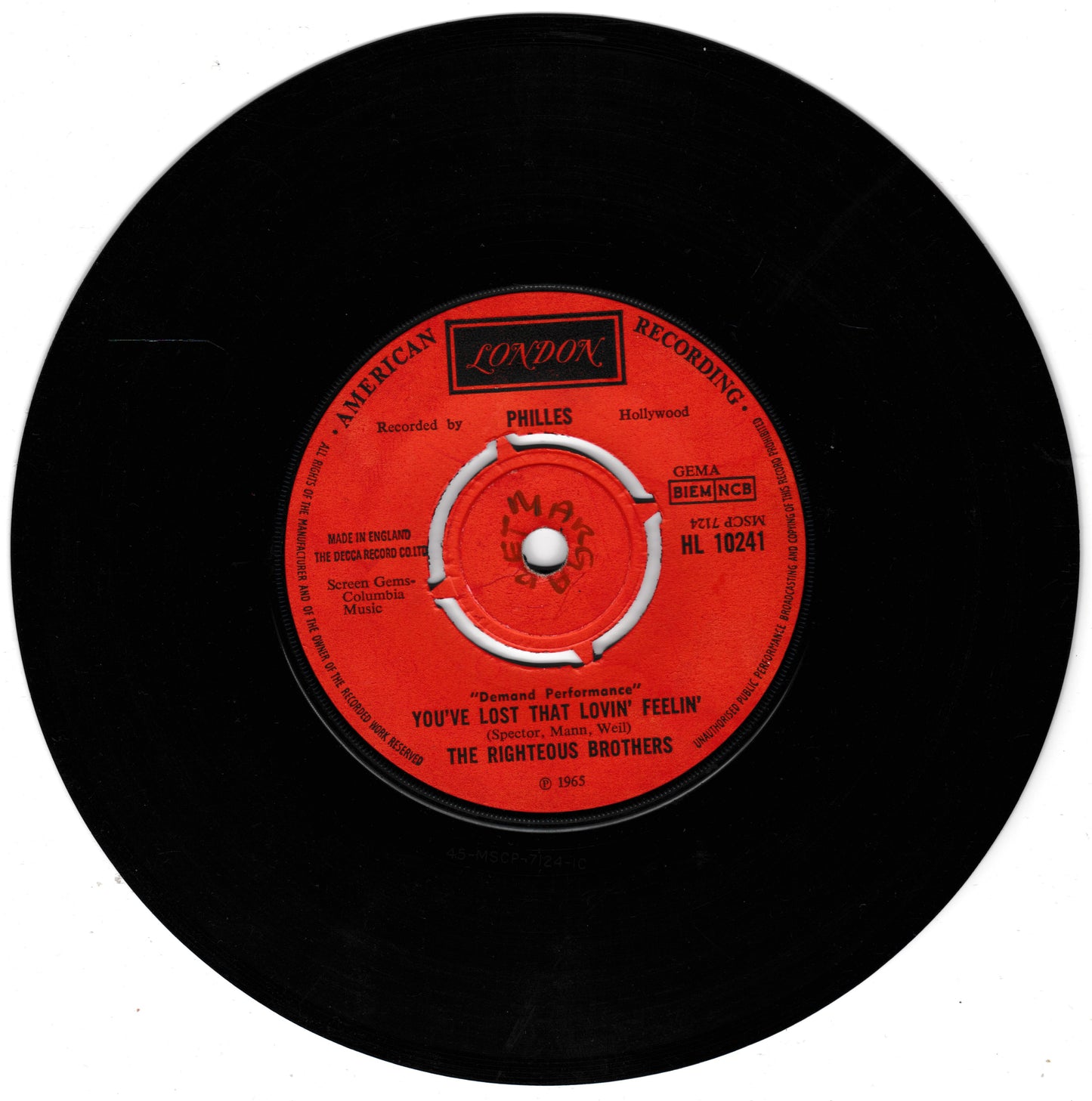 The Righteous Brothers ‎– You've Lost That Lovin' Feelin' / Unchained Melody 7" vinyl single G+/-