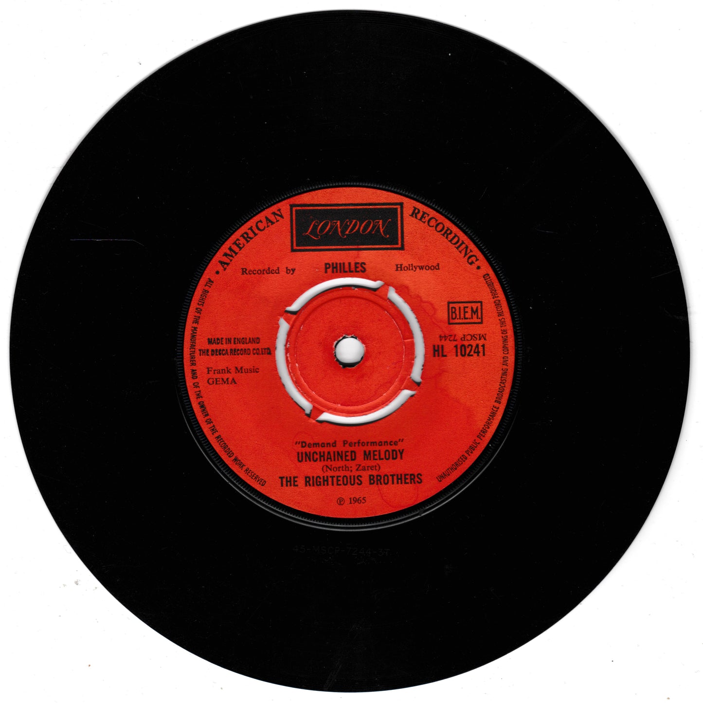 The Righteous Brothers ‎– You've Lost That Lovin' Feelin' / Unchained Melody 7" vinyl single G+/-