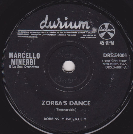 Marcello Minerbi E La Sua Orchestra ‎– Zorba's Dance (Durium 1965) 7" vinyl single VG/-