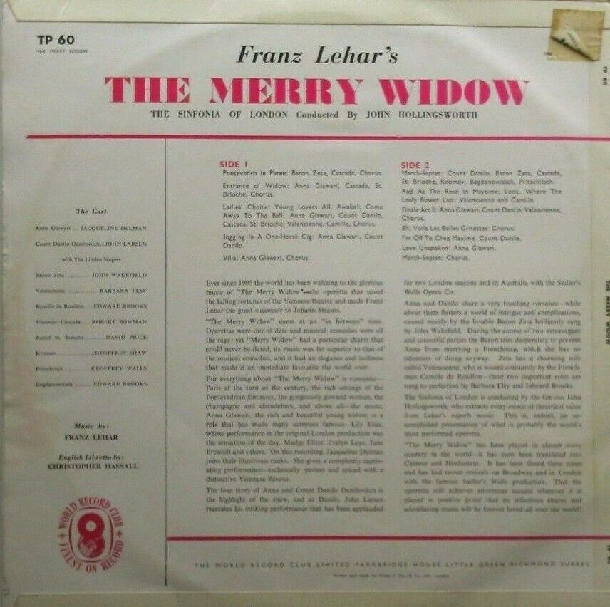 Franz Lehar - The Merry Widow (World Record Club, 1961) 12" vinyl LP VG/VG