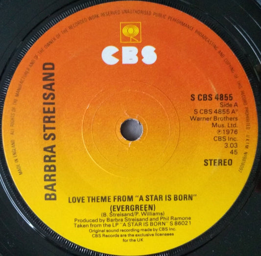 Barbra Streisand - Love Theme From "A Star Is Born" (1977) 7" vinyl single VG/-