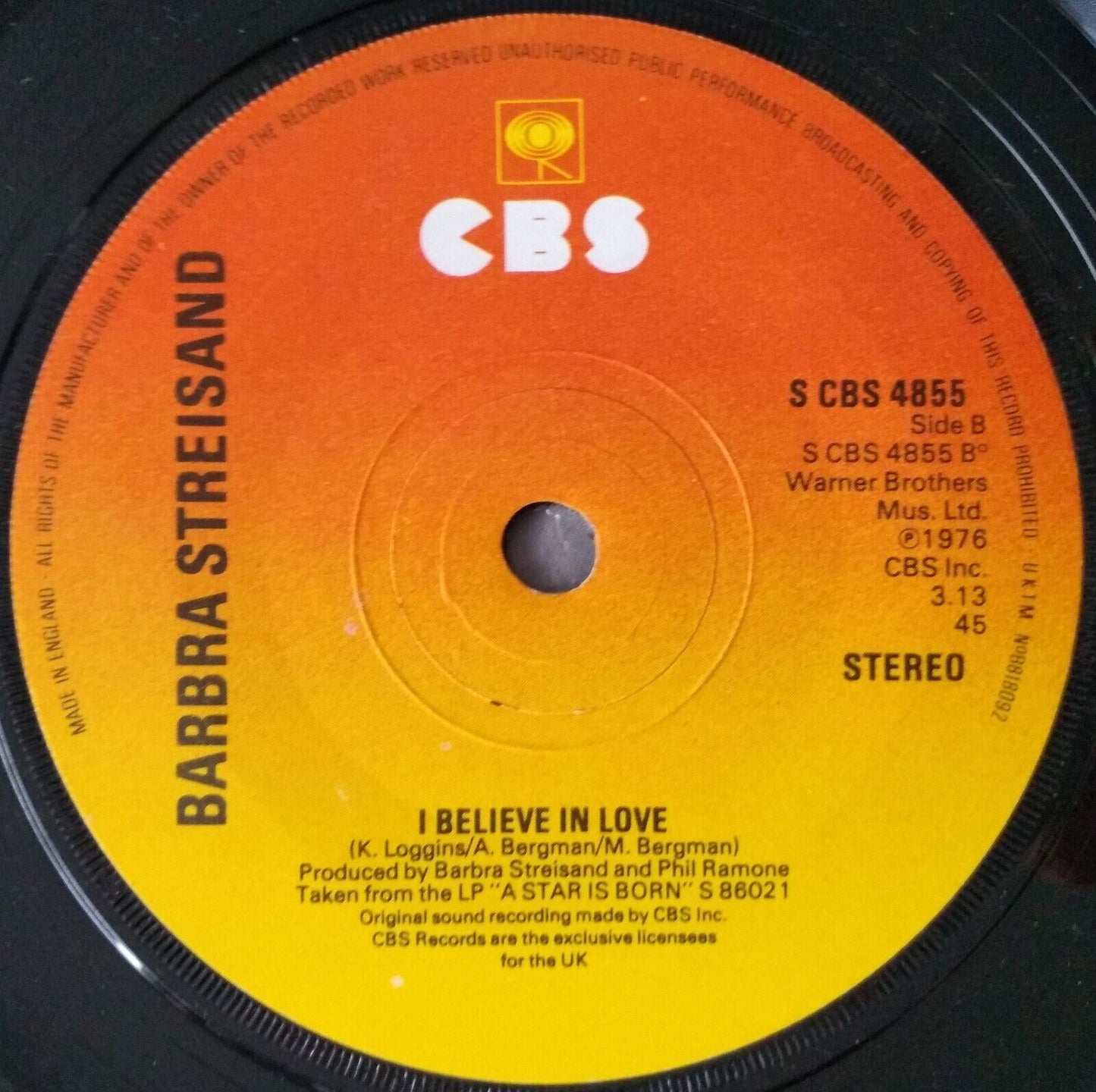 Barbra Streisand - Love Theme From "A Star Is Born" (1977) 7" vinyl single VG/-